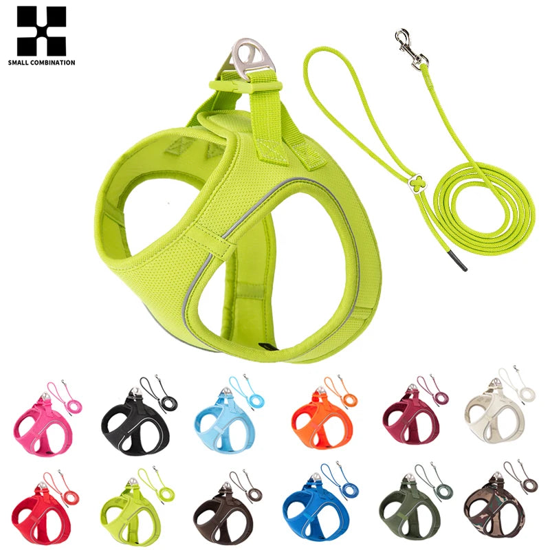 Reflective dog harness and leash set in green