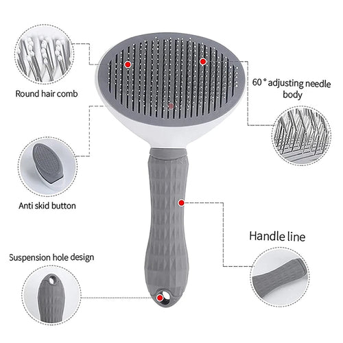 Self-cleaning pet slicker brush with feature callouts